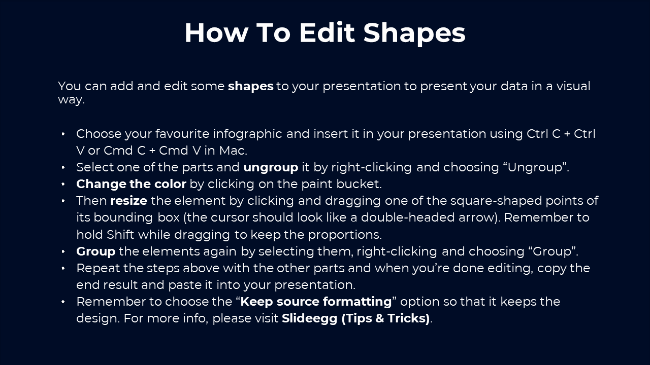 Guide on editing shapes in PowerPoint, with instructions in white text, on a  dark blue background.