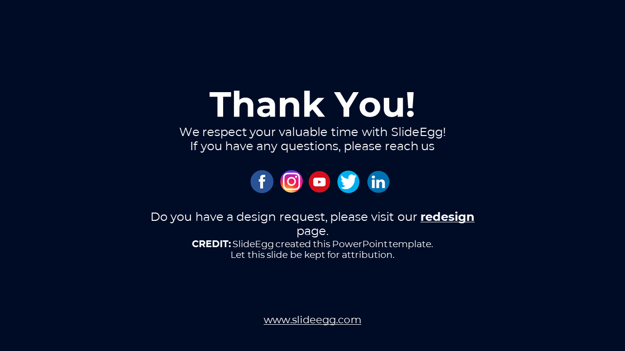 Thank you slide with white text on a dark blue background, including social media icons and a link.