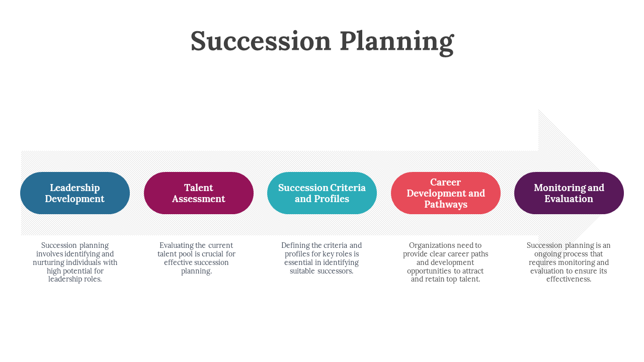 Row of five colored blocks in blue, pink, teal, orange, and purple, each outlining a phase in succession planning.