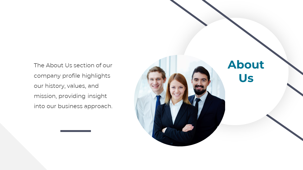 About us slide with people in business attire positioned inside a circular frame, with black lines, on a white background.