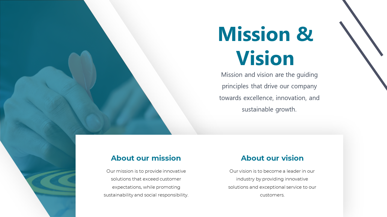 Slide showing mission and vision statements with two sections, over a blue tinted background of a hand aiming at a target.