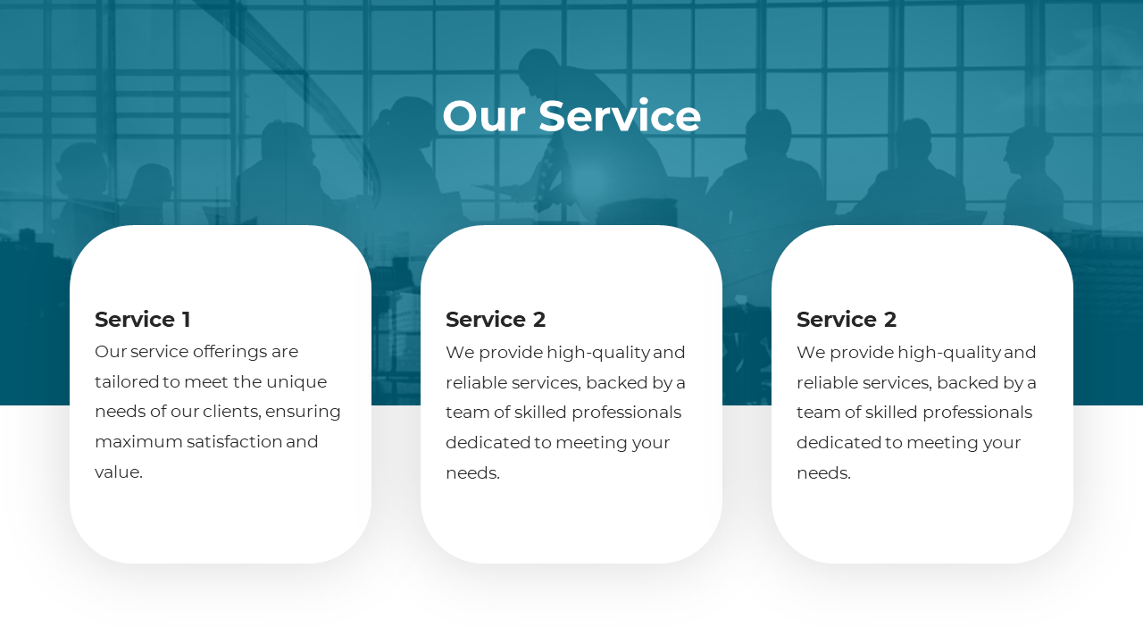 Slide with three white boxes displaying service descriptions, with a blue office background of people working.