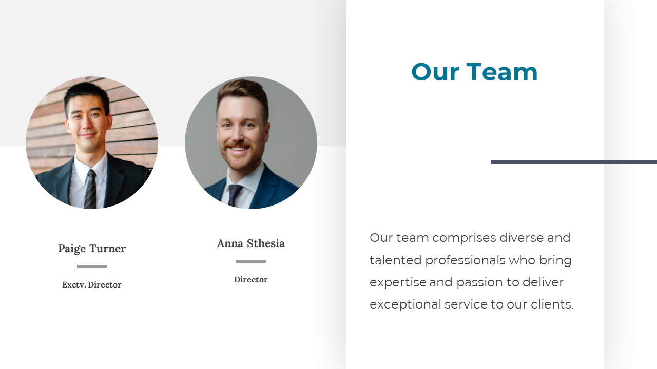 Slide with a white background and teal text featuring circular portraits of two team members, highlighting their roles.