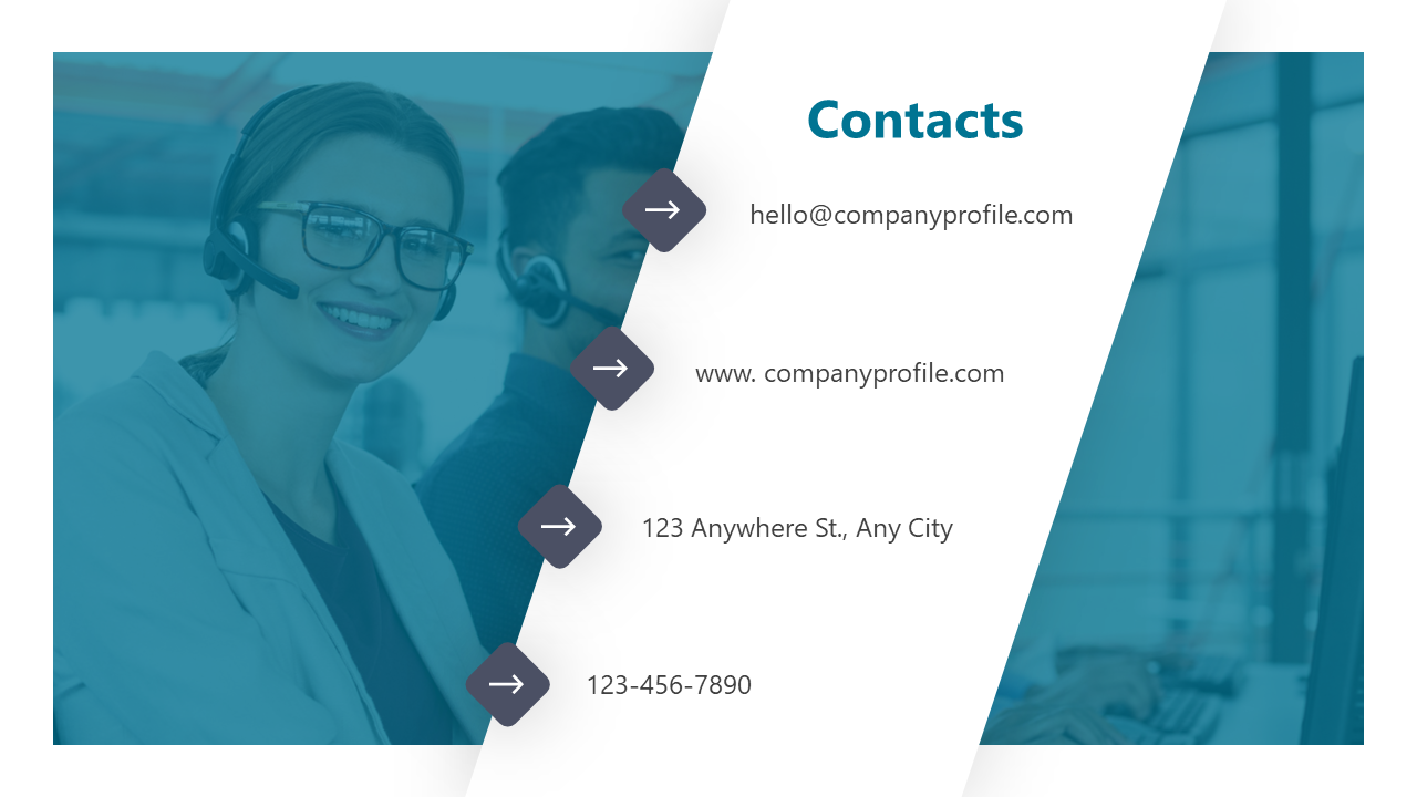 Slide with teal accents, featuring four arrows listing contact informations, and images of customer service agents.