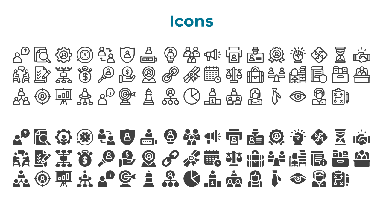Grid of monochrome icons in outlined and filled styles, showcasing various business and social media related symbols.