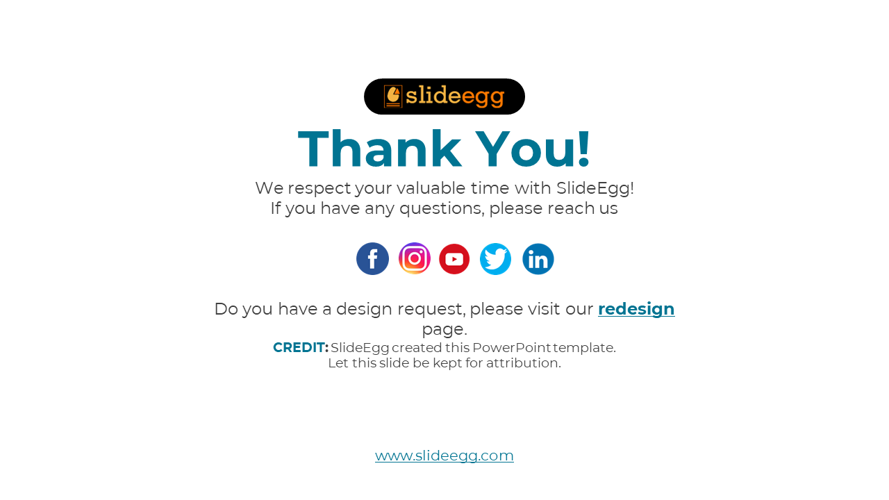 Light background slide featuring a thank you message from SlideEgg, with social media icons and a credit.