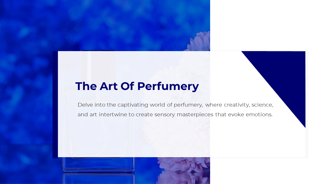 Elegant slide with blue background, featuring a perfume bottle and geometric white sections with text.