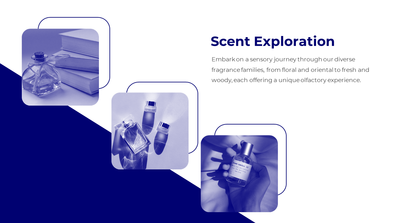 Slide with three fragrance bottles in rounded square frames, set against a diagonal split background of blue and white.