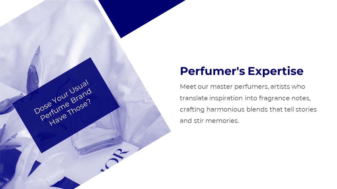 Blue themed fragrance slide with an artistic image of a perfume bottle, soft fabric, and delicate flowers.