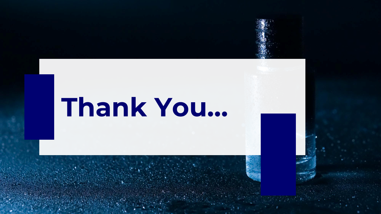 Thank you slide with a white text box, blue geometric elements, and a blurred perfume bottle on a dark, glossy surface.