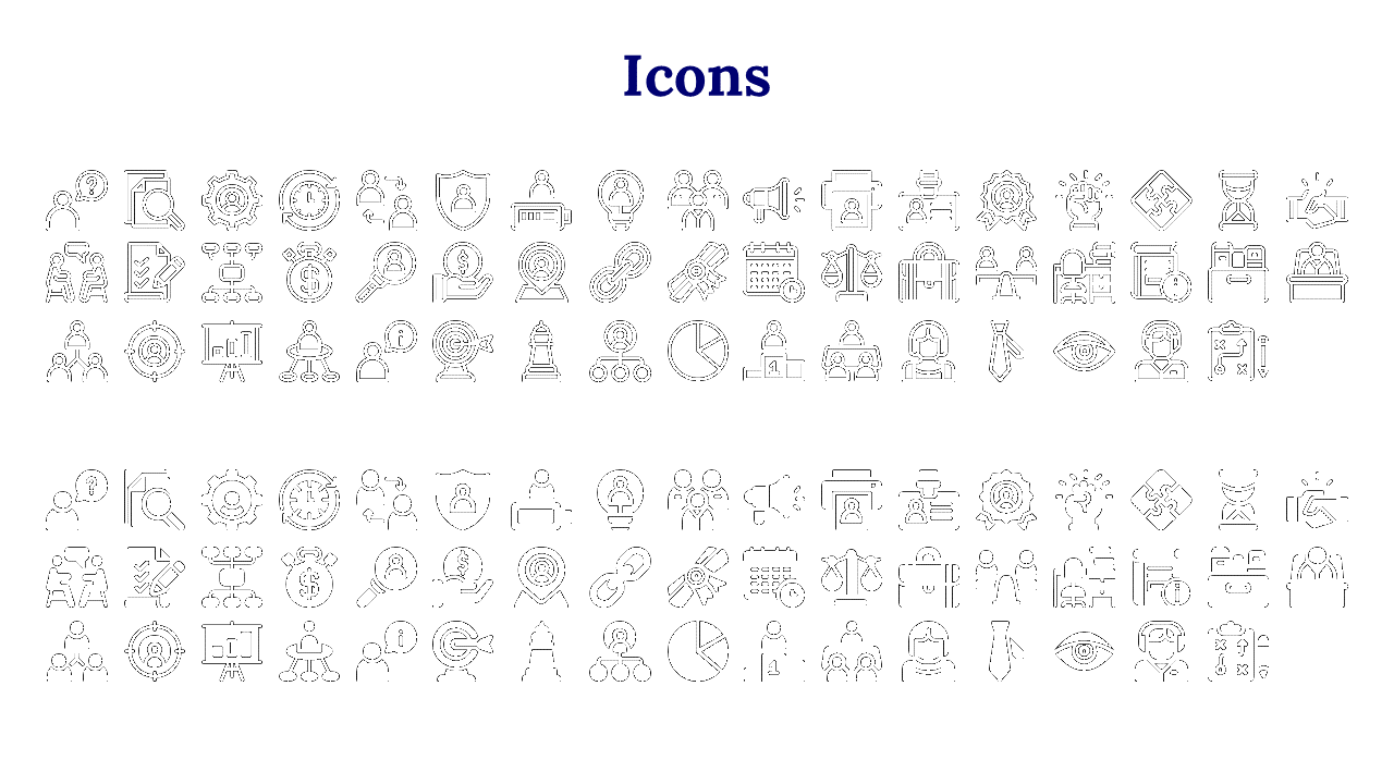 White slide with a bold blue heading labeled, displaying multiple rows of icons in both outline and filled styles.