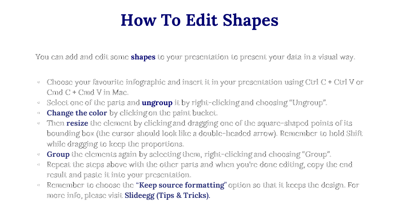 Structured instructional slide with a blue heading, black text, bullet points detailing shape editing steps.