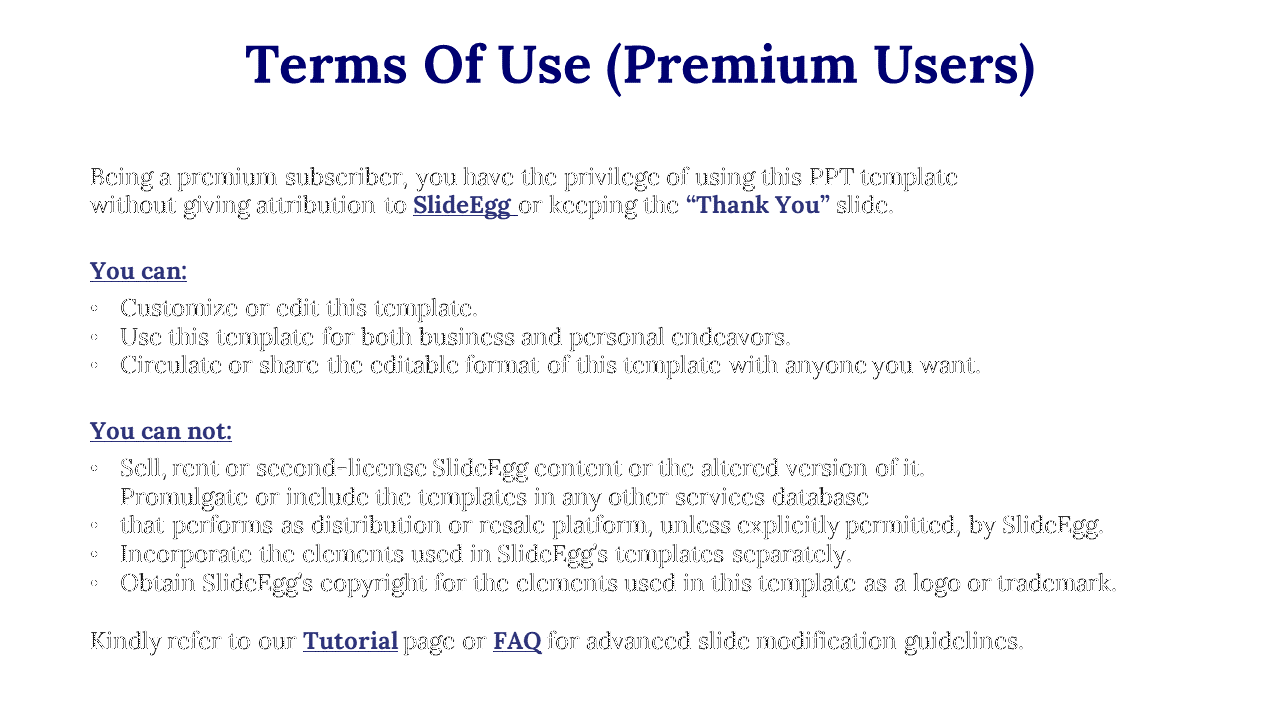 Slide with a bold heading, black body text, and underlined blue hyperlinks explaining the terms of use for premium users.