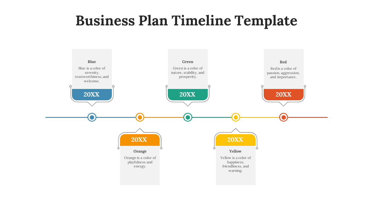 Timeline template with a horizontal line featuring five color coded milestones in blue, orange, green, yellow, and red.