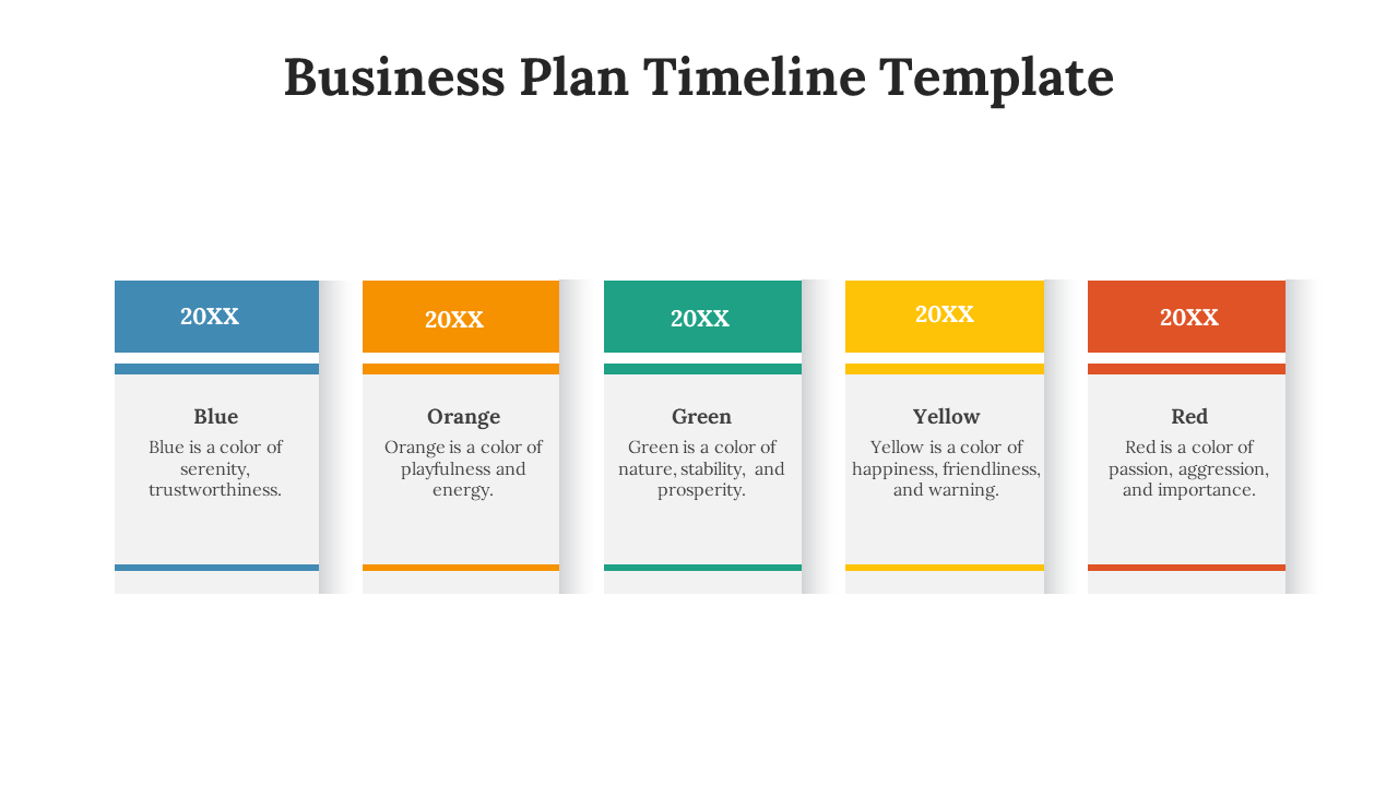 Timeline with five rectangular cards, each featuring a year placeholder in blue, orange, green, yellow, and red.