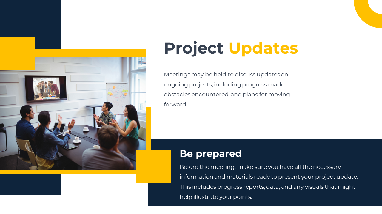 Project updates slide featuring a meeting with a team watching a presentation on a screen, with yellow and navy accents.