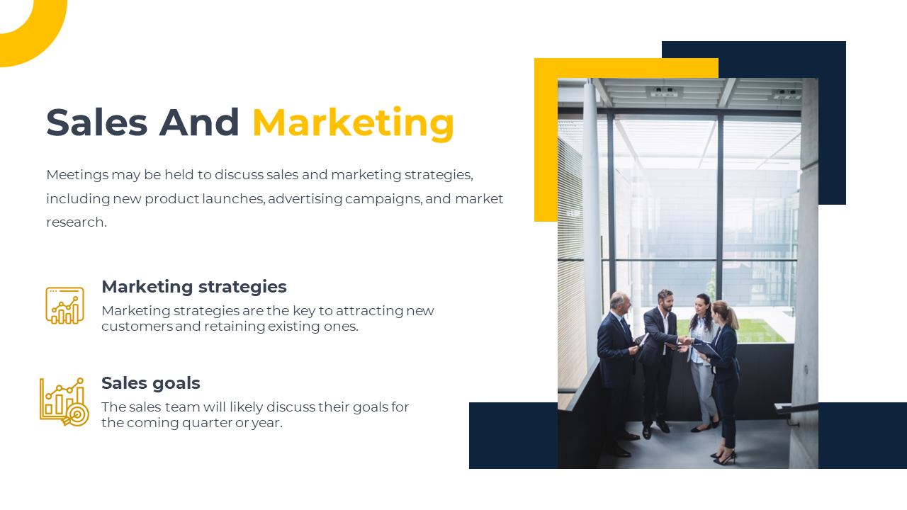 Slide with structured navy and yellow shapes, a modern office image on the right, and two highlighted sections below.