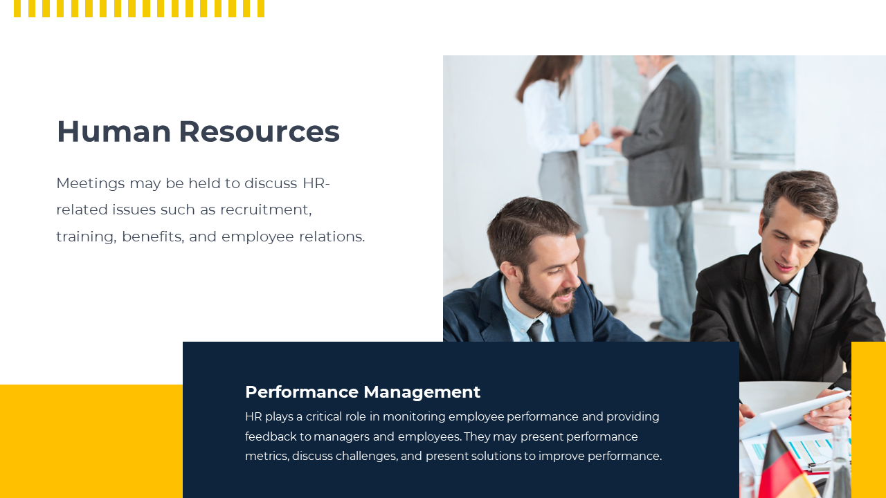 HR slide with a business meeting image on the right, and a dark blue text box, on a white background with yellow accents.