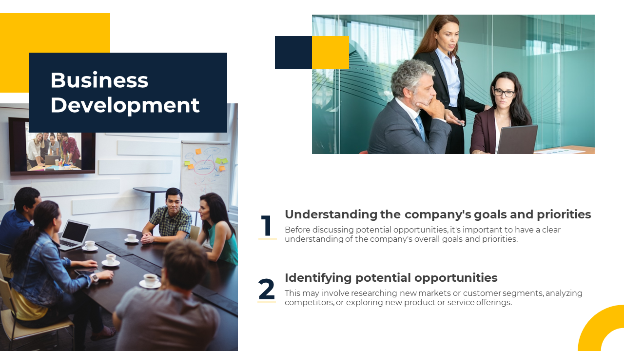 Slide on business development, highlighting steps with bold headings, two numbered sections, and corporate meeting visuals.