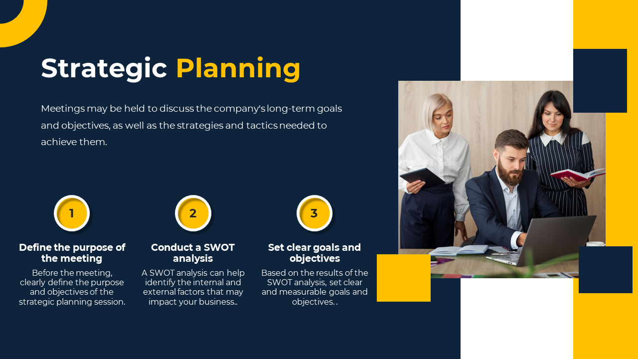 Slide with three numbered text and an office image of professionals collaborating, on a navy background with yellow accents.
