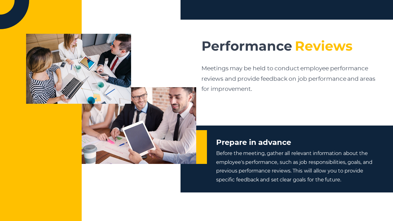Slide with bold title, two business meeting images, in yellow and navy design, and text on conducting performance reviews.