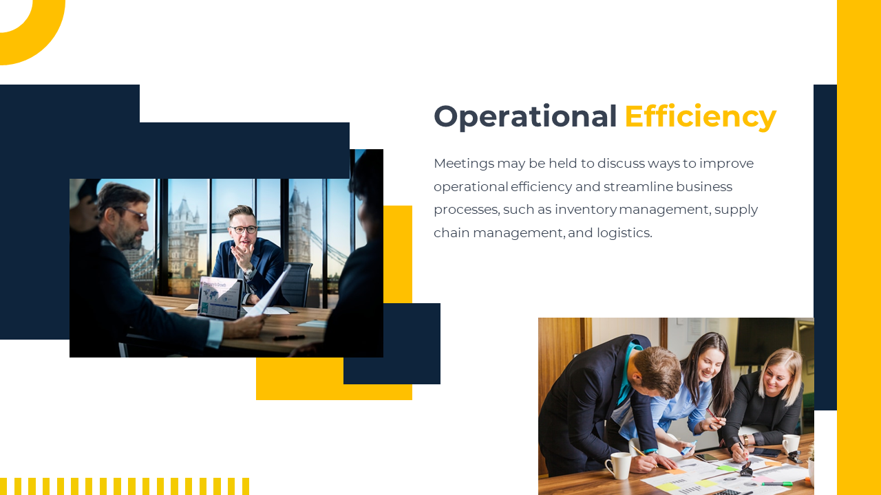 Slide with navy and yellow accents, bold title, two business meeting photos framed by geometric shapes, and descriptive text.