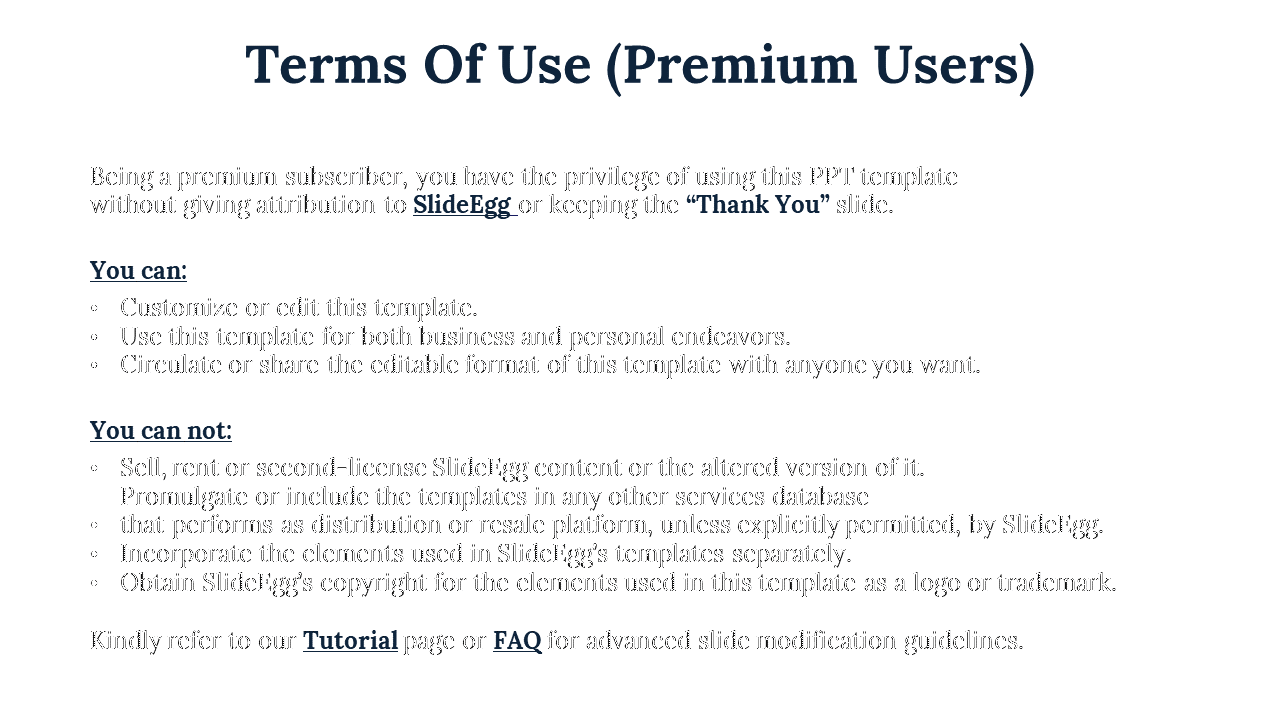 Text heavy slide with terms of use for premium users, showing customizations and usage rights, with clear bullet points.