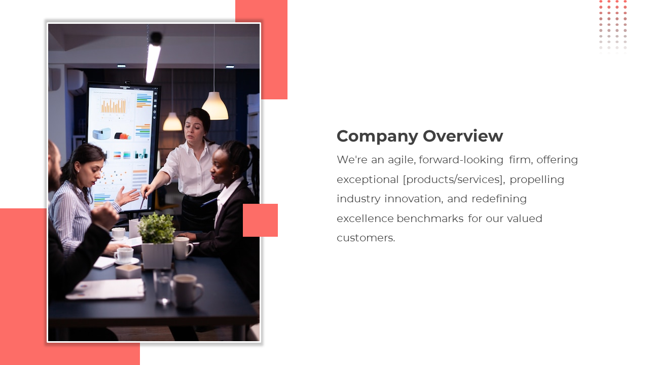 Diverse team collaborates in a modern office, reviewing charts and analytics on a large screen, with red accents.