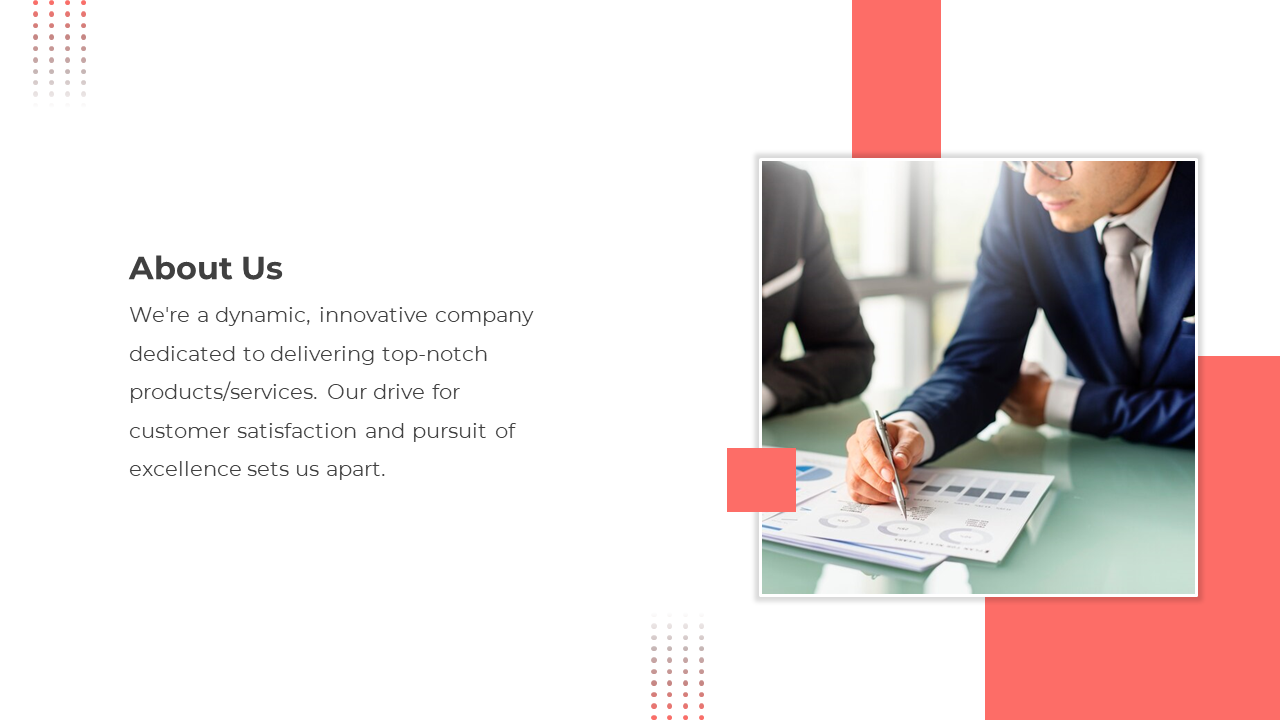 About us lide with two business professionals review charts and graphs in a modern office setting, with red accents.