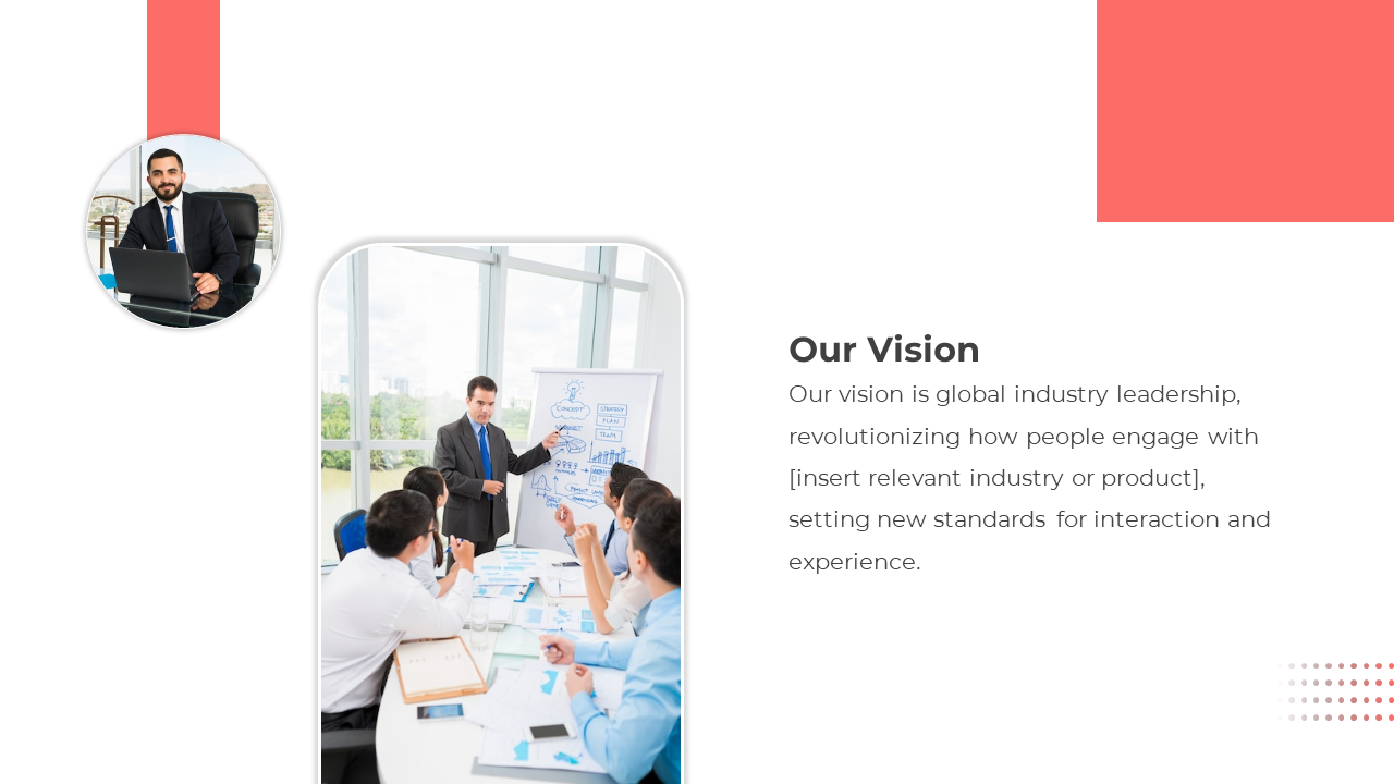 Business professional presents a vision strategy to a team on a flip chart, featuring red geometric design elements.