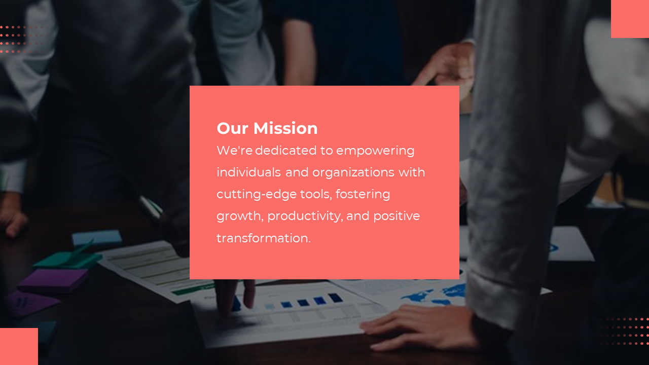 Business team collaborating over charts, with a red mission statement box centered, with geometric accents.
