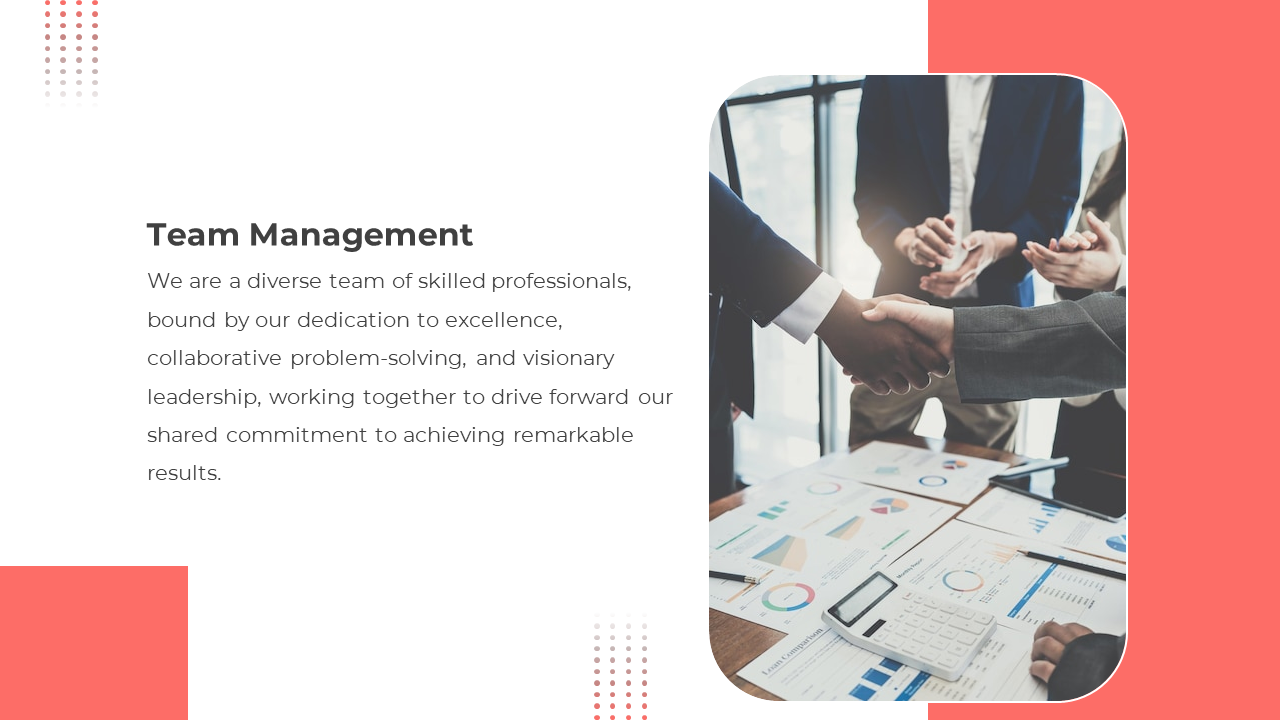 Handshake over business charts in a rounded frame image, set on a slide with red accents and a clean white background.