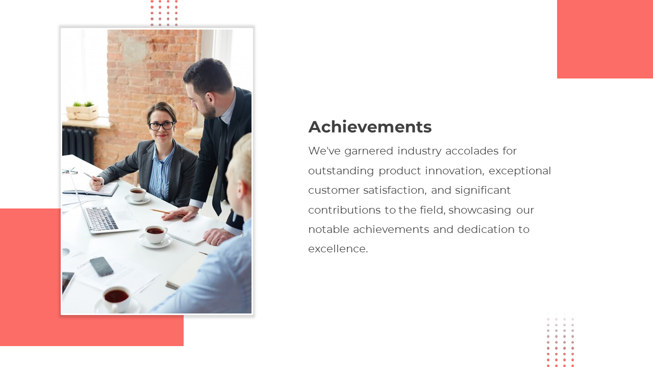 Corporate meeting scene in a rectangular frame, set in a clean slide layout with red shapes and dotted design elements.