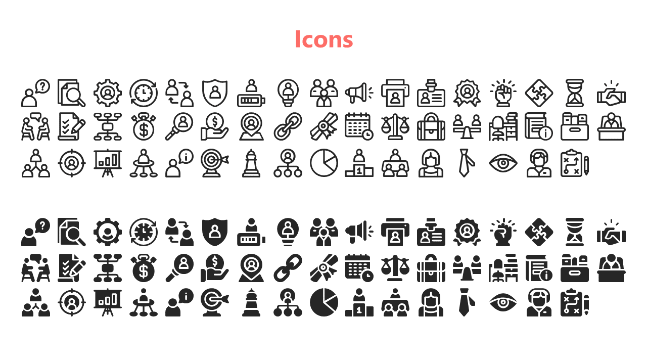 Slide titled in red, displaying two rows of assorted black line and filled icons, on a white background.