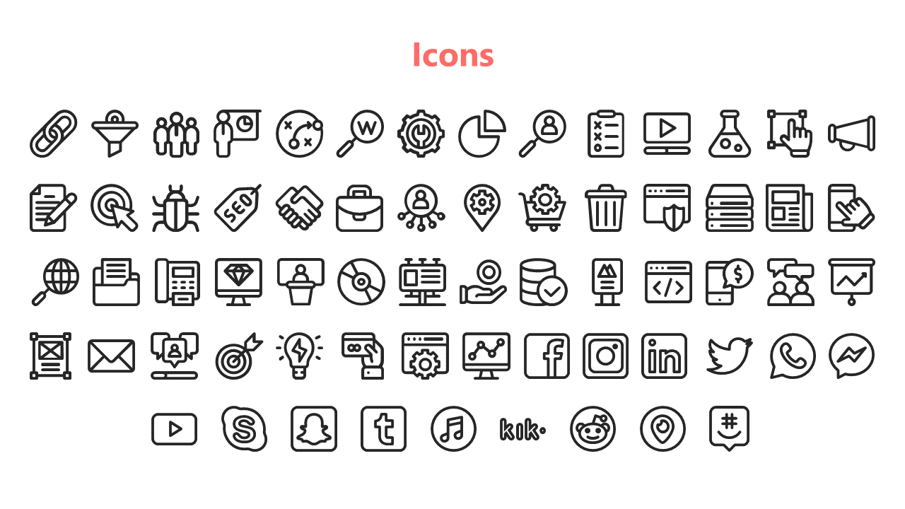 Slide titled in red, showcasing a grid of various black outline icons related to business, technology, and social media.