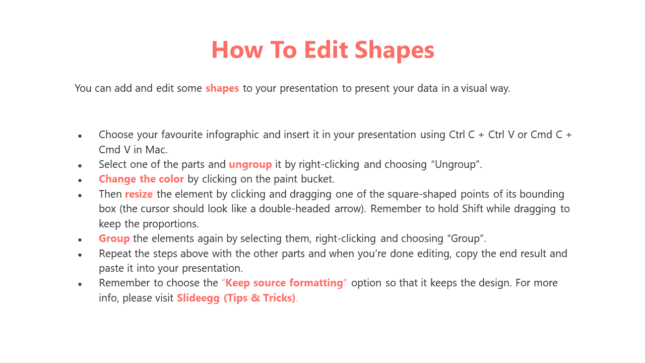 White background slide with a bold title, black bullet points, and red highlighted text instructions for editing shapes.