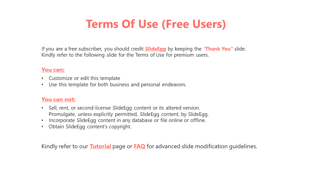 Terms of use slide on white background with a large red heading, black bullet lists, and pink colored link highlights.
