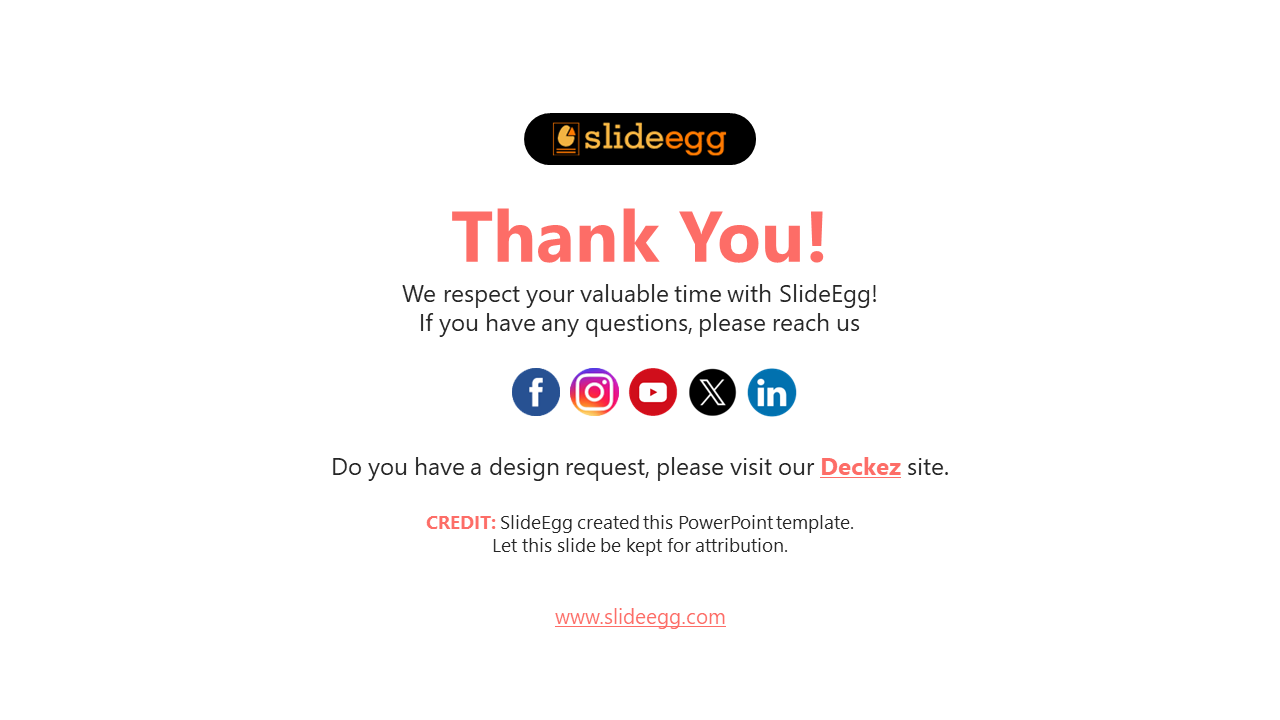 White thank you slide with a black button logo, red bold text, and centered social media icons in circular color blocks.
