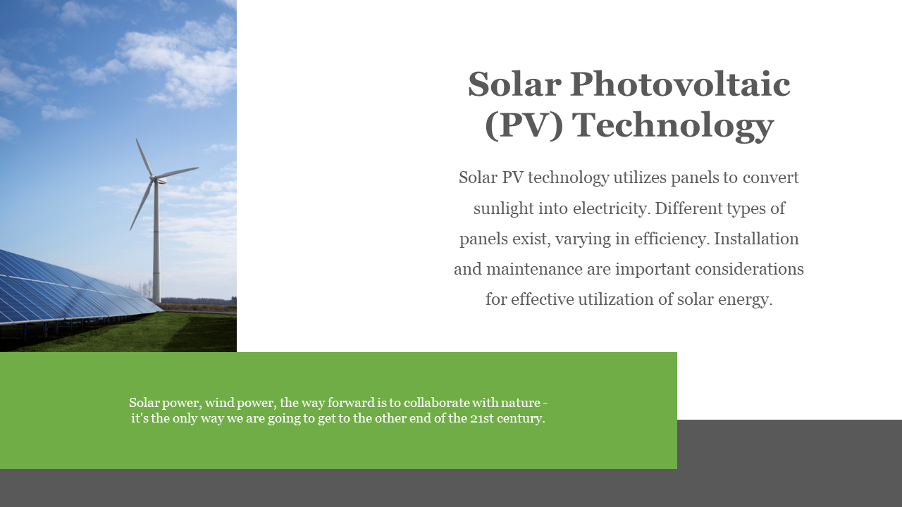 Split layout with an image of solar panels and a wind turbine under a blue sky, right side text, and a green footer.