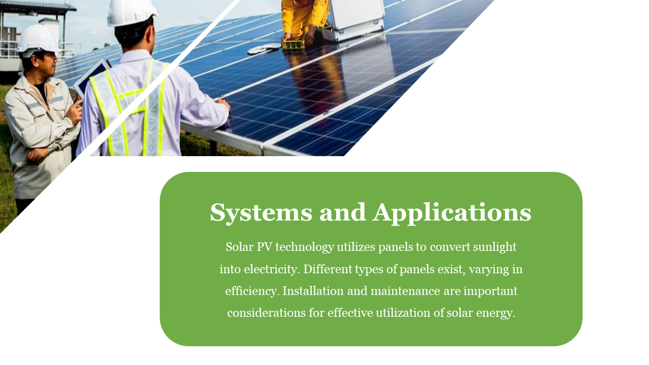 Diagonal split layout with workers inspecting solar panels on top and a green rounded text box below.