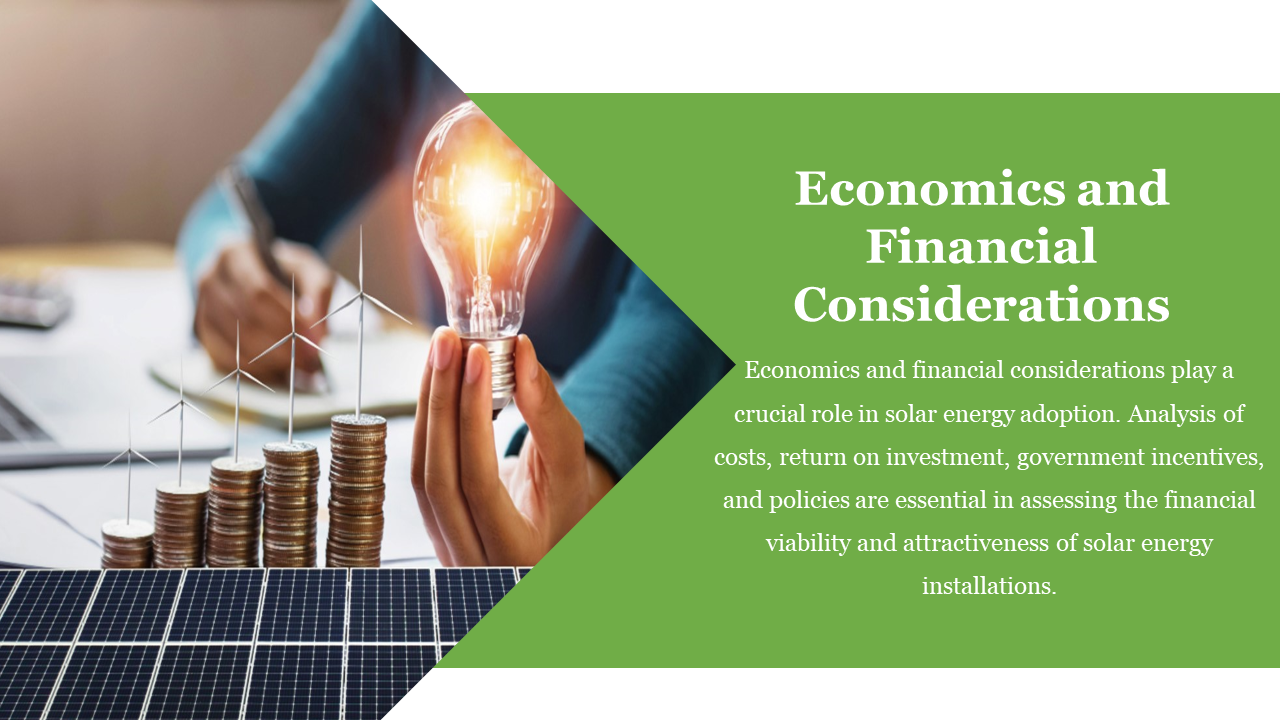 Financial slide with a green text section and an image of wind turbines on stacked coins, a hand holding a glowing bulb.