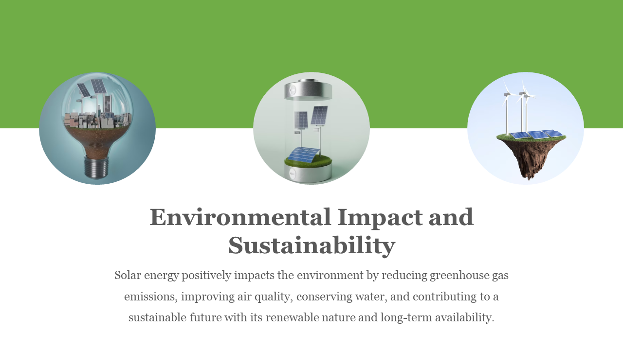 Green and white slide featuring three round images depicting renewable energy concepts above a centered heading.