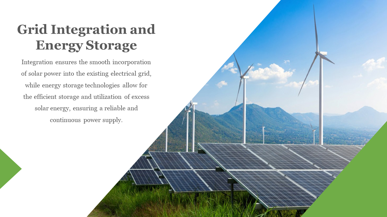 Slide with text on the left and a diagonal cut revealing solar panels and wind turbines against a mountainous backdrop.