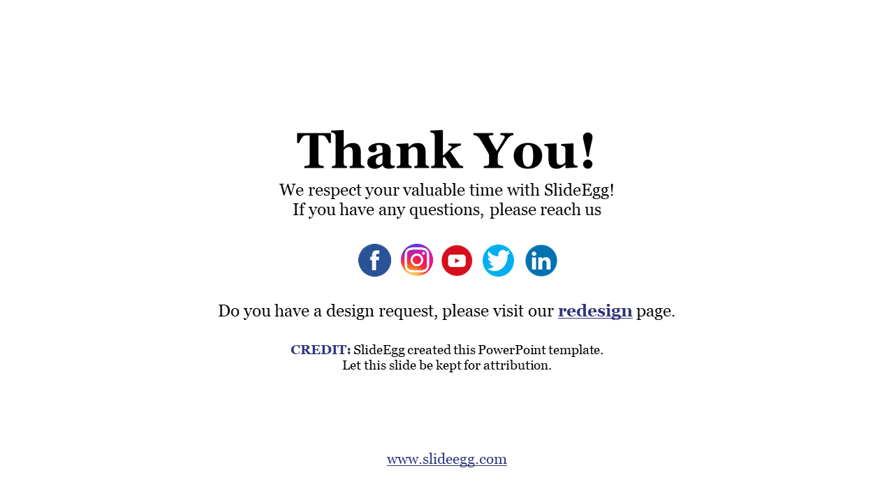 Slide featuring a thank you message, social media links, and a website below for further contact.