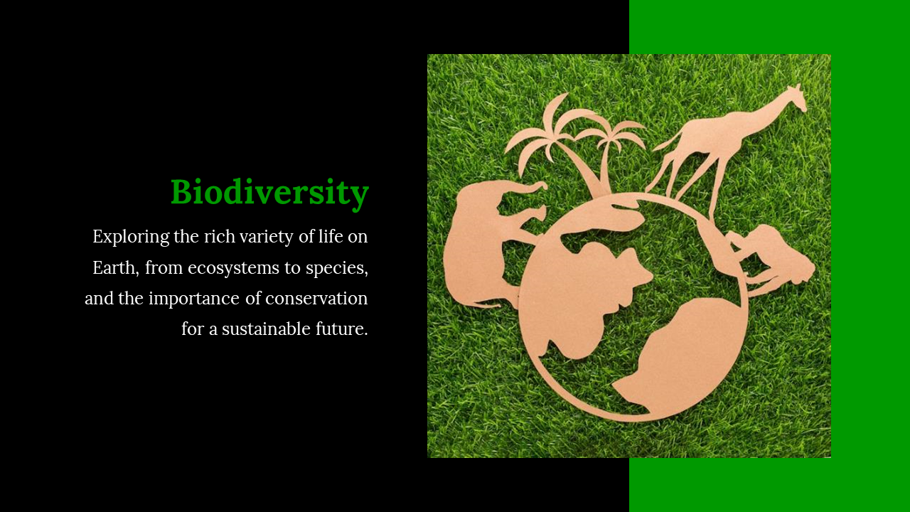 Slide design featuring a cutout of Earth with animal silhouettes on green grass, highlighting biodiversity and conservation.