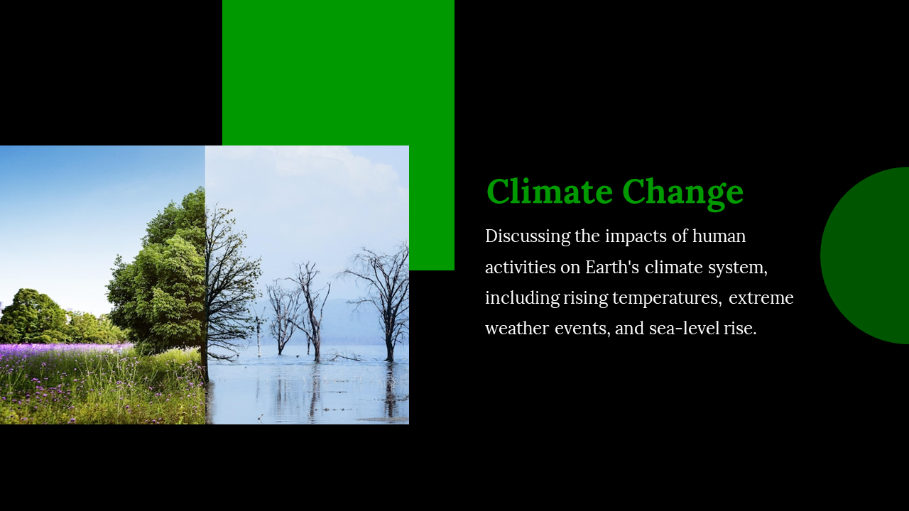 Split slide showing a contrast between lush greenery and a flooded, barren landscape, with a climate change text.