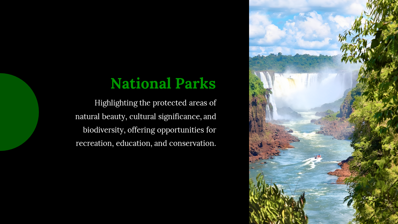 Split layout with a black background, green title, and an image of waterfalls and a river in a lush national park setting.