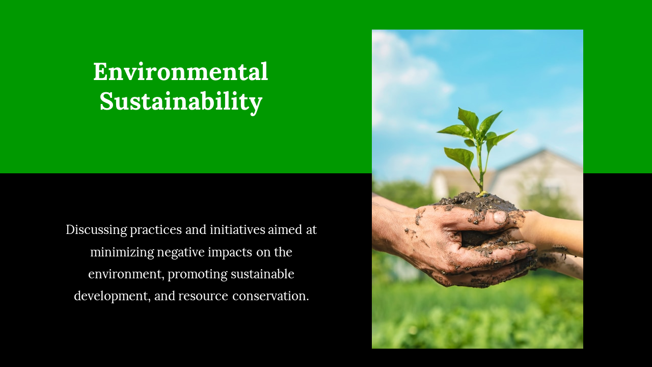 Split layout with a green and black theme, featuring hands holding soil with a young plant, symbolizing sustainability.