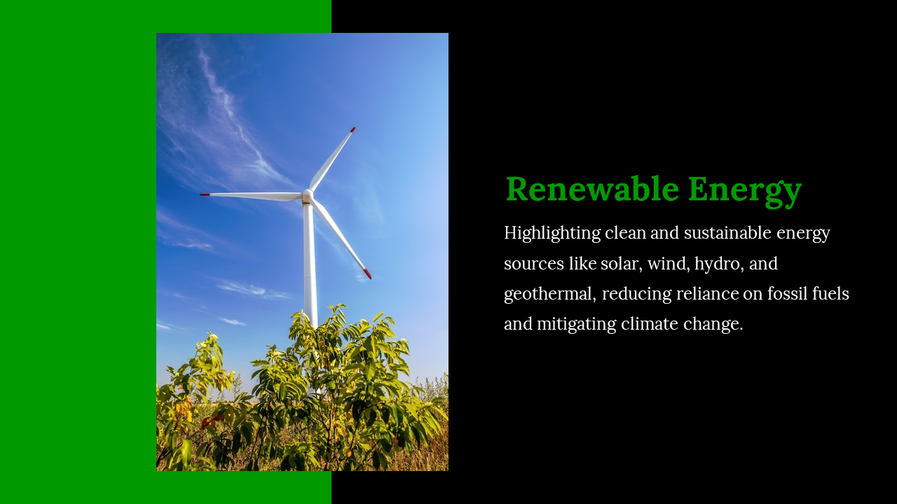 Split layout with a black and green theme, featuring an image of a wind turbine against a clear blue sky with greenery.