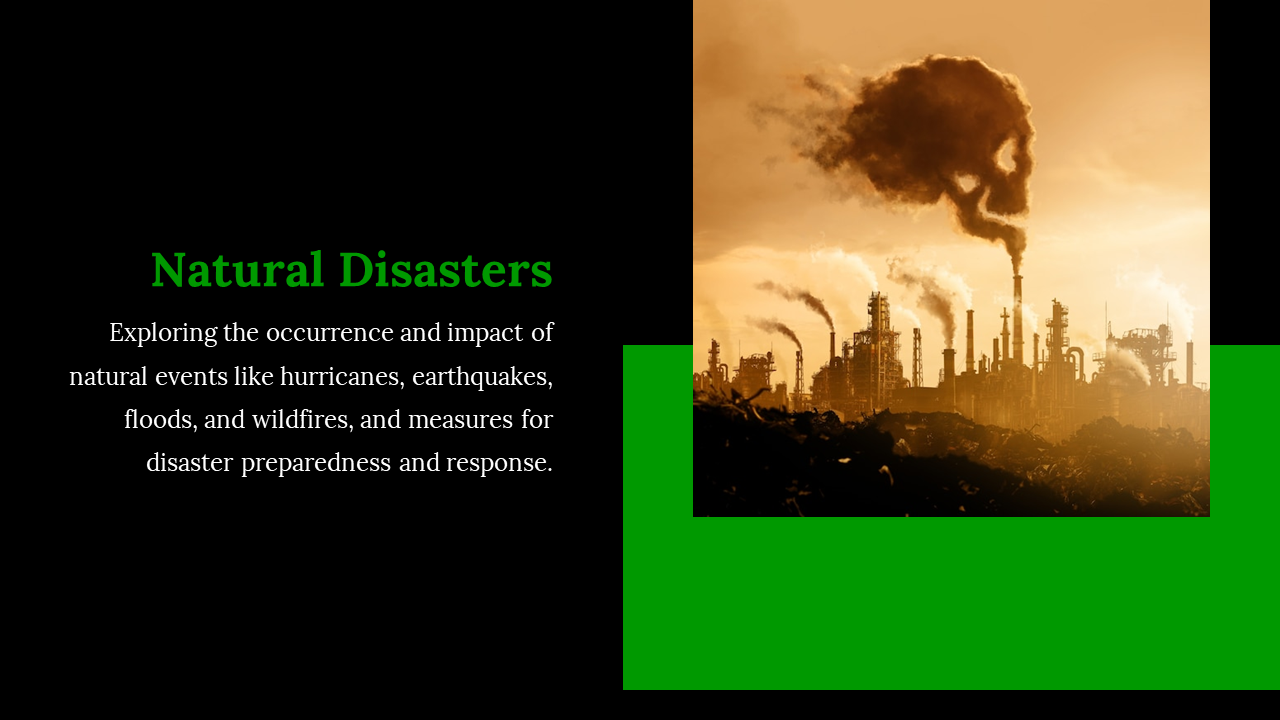 Split layout with a black and green theme, showing an industrial pollution image showing smoke forming a skull shape.